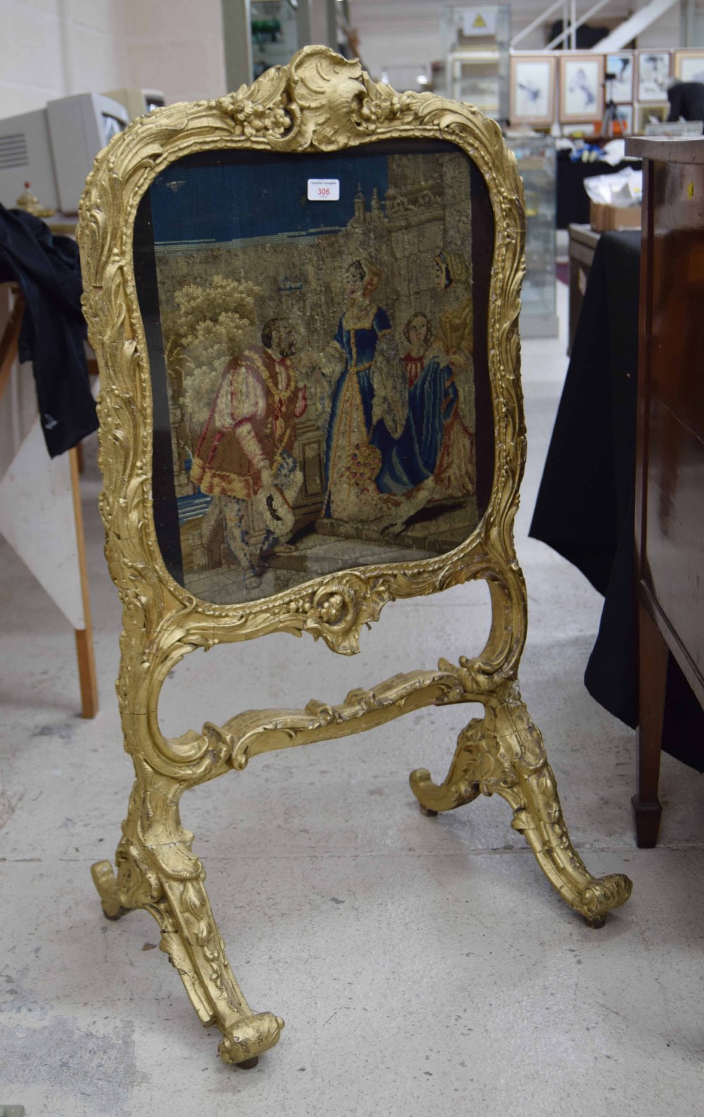 Louis XV style giltwood and gesso fire screen, with embroidered panel behind glass, 41" high