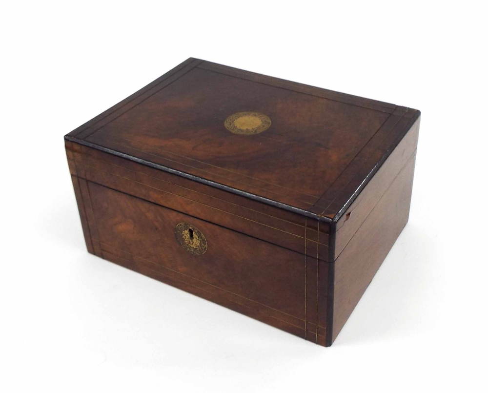 Victorian walnut brass inlaid work box, the hinged lid inset with a brass plaque, revealing red silk - Image 3 of 3