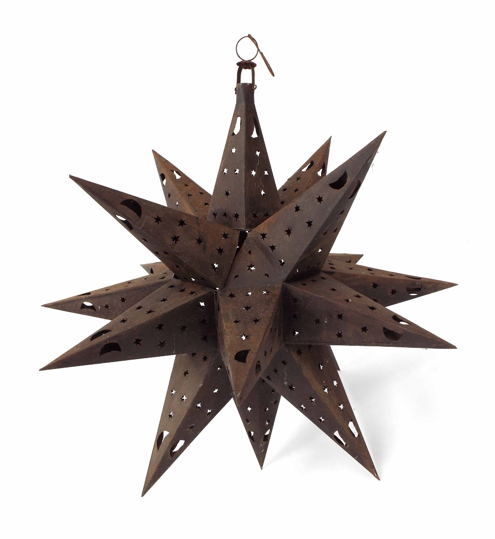 Large Spanish metal star hanging lamp, with star pierced facets, 31" approx drop (at fault) - Image 2 of 2