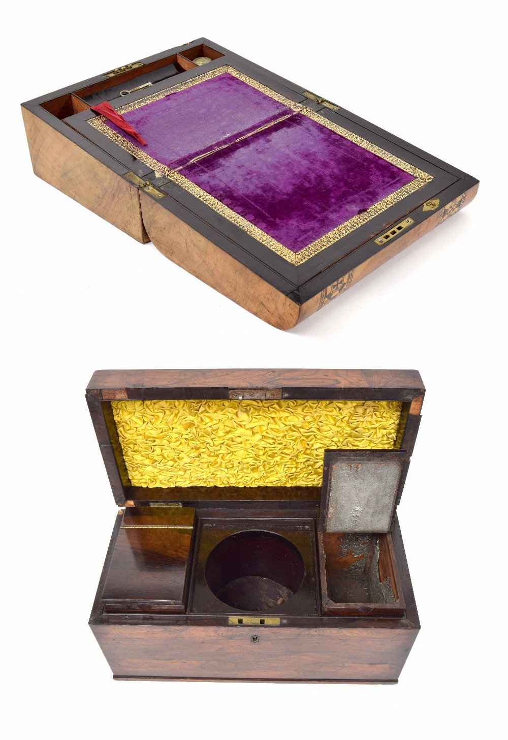 Victorian walnut writing slope, the box with parque mosaic and mother of pearl inlay to lid