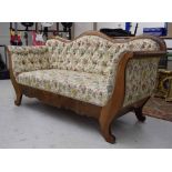Good Biedermeier walnut framed sofa, with button back and side floral stuffover upholstery, 37"