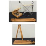 An artists easel/paintbox, together with four further folding easels and a folding stool (6)