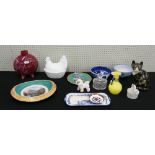 Opaque pressed glass hen tureen and cover, 7.75" high; pottery moon flask vase, pottery cat