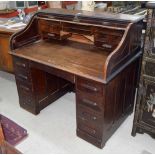 Early 20th century oak roll top twin pedestal desk 45" high, 49" wide, 30" deep