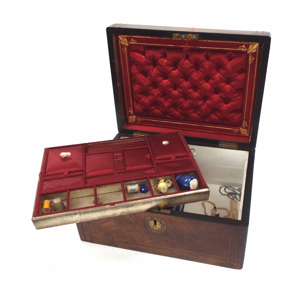 Victorian walnut brass inlaid work box, the hinged lid inset with a brass plaque, revealing red silk