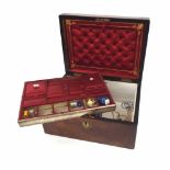 Victorian walnut brass inlaid work box, the hinged lid inset with a brass plaque, revealing red silk