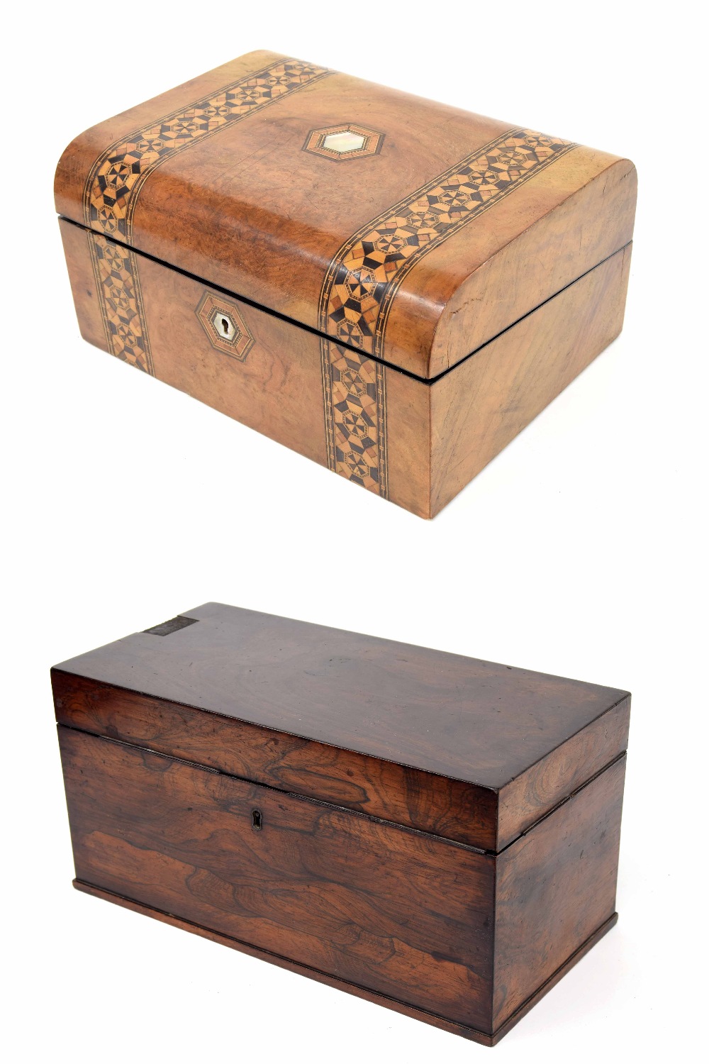 Victorian walnut writing slope, the box with parque mosaic and mother of pearl inlay to lid - Image 2 of 2