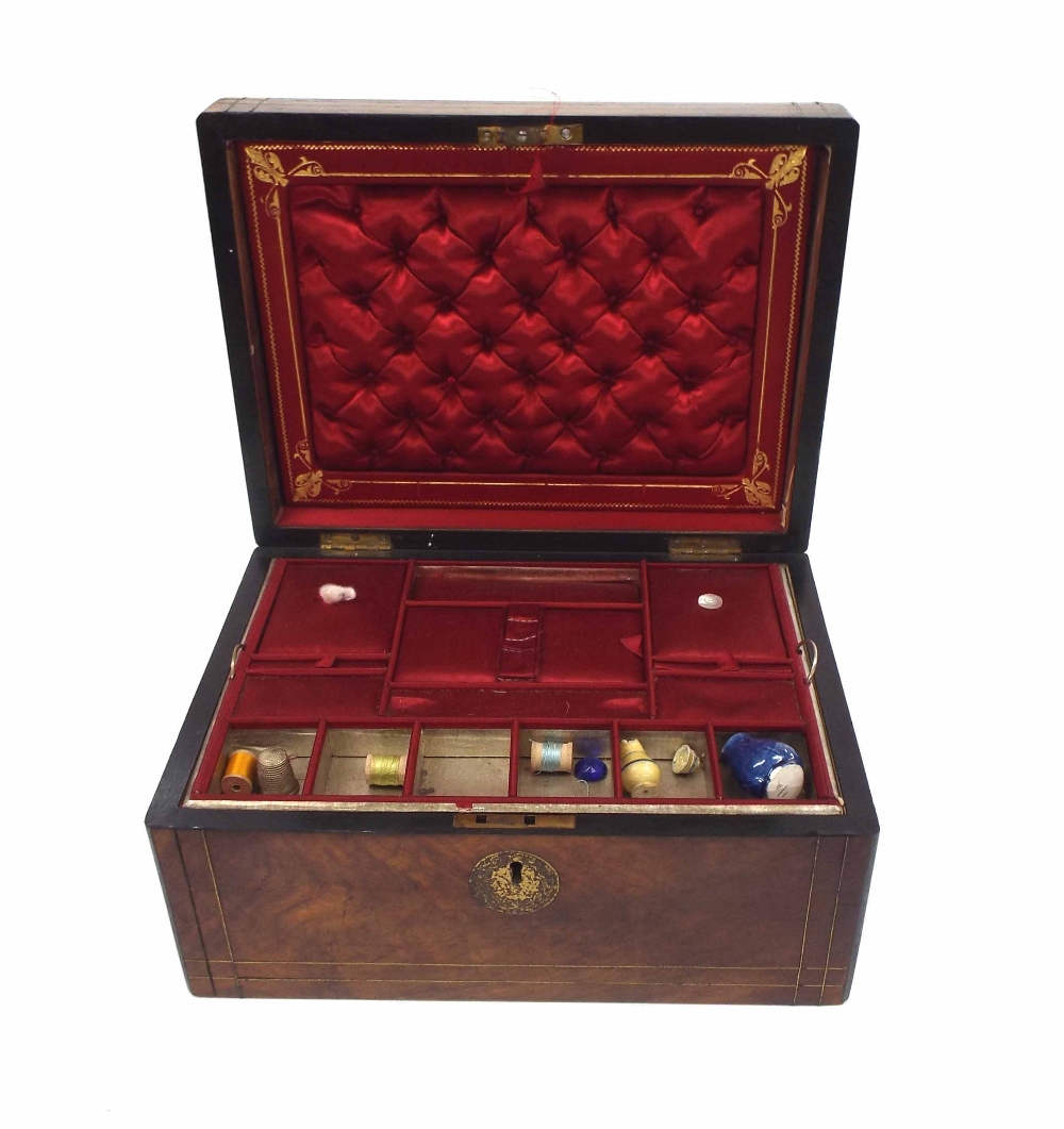 Victorian walnut brass inlaid work box, the hinged lid inset with a brass plaque, revealing red silk - Image 2 of 3