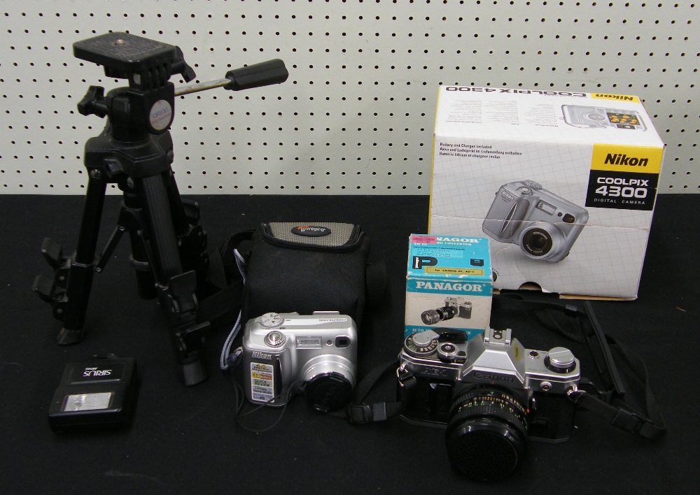 Nikon Coolpix 4300 digital camera with box and carry pouch; together with tripod. Also a vintage