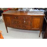Mahogany bowfront inlaid sideboard in the Georgian manner, with three drawers flanked by two