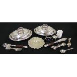 Pair of silver mounted fish servers with wood handles, together with a quantity of silver plated