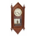 American walnut inlaid two train spring driven wall clock, the 8" circular white dial within a