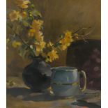 •Attributed to Sydney Briault (1887-1955) - 'Flower Piece' Forsythia in a blue vase, with a pot