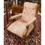 Victorian ubholstered armchair, with button back and padded arms, 35" high, 26" wide, 35" deep
