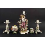 Pair of Dresden porcelain floral encrusted candlesticks, 6.75" high; Continental porcelain figural