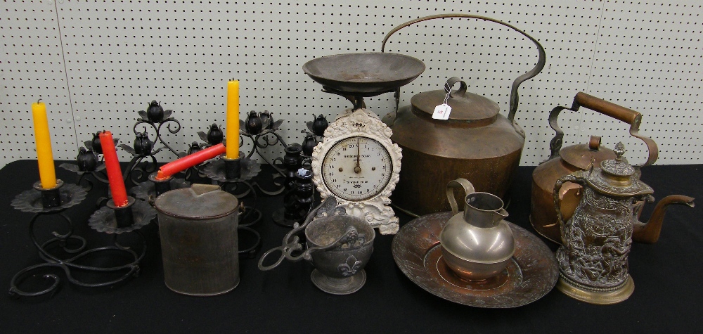 Assorted metal wares including two copper kettles, kitchen scales, interesting presentation relief