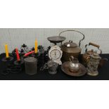 Assorted metal wares including two copper kettles, kitchen scales, interesting presentation relief