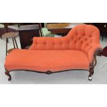 Victorain button back upholstered chaise longue with carved scrolling frame on cabriole legs, 72"