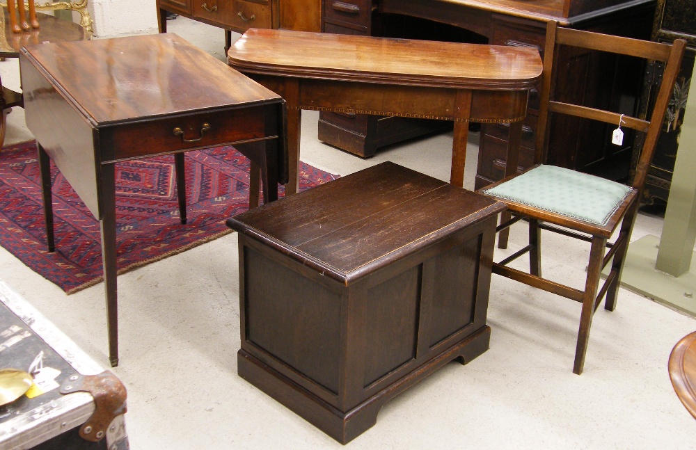 Small hall chair, foldover table, pembroke table and small oak coffer (4)