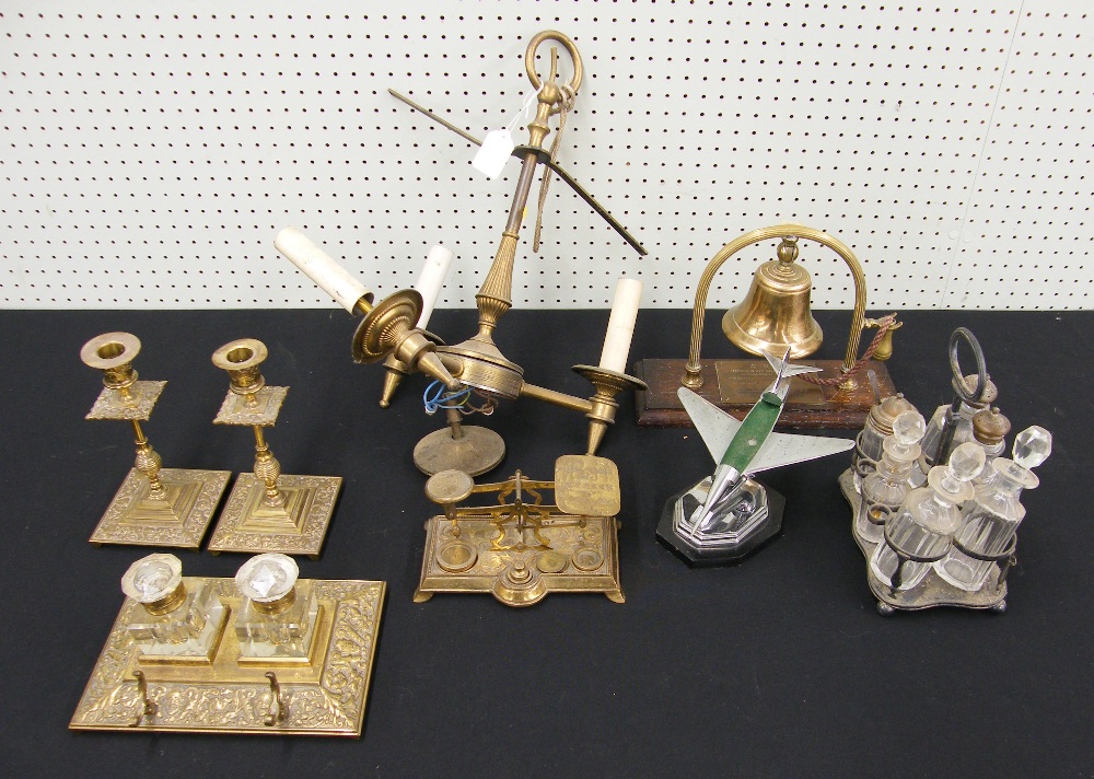 Mixed metal ware including a decorative brass desk stand with glass ink wells, set of postal rates