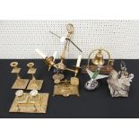 Mixed metal ware including a decorative brass desk stand with glass ink wells, set of postal rates