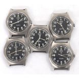 Five CWC Military quartz wristwatches (not currently functioning and sold as seen, one with loose