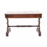 Victorian mahogany stretcher library table, the rectangular moulded top with two frieze drawers upon