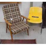 Danish light oak lounge chair; together with a Swedish 'Overman' yellow fibreglass dining chair on