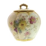Royal Worcester blush ivory circular lobed porcelain vase and cover painted with traditional