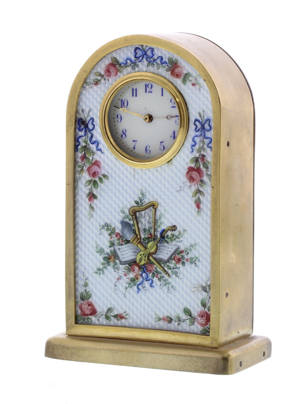 Miniature gilt metal and guillouche enamel clock, within a rounded arched case decorated with