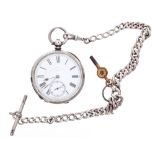 Silver (0.935) cylinder engine turned pocket watch, 50mm, with silver curb chain, T-bar and clasp