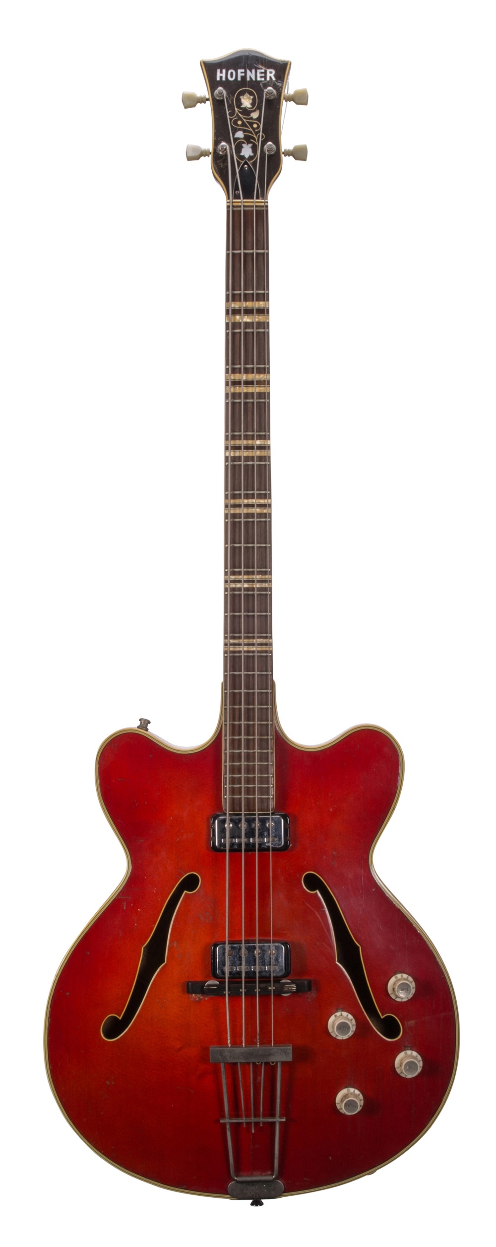 1964 Hofner Verithin bass guitar, made in Germany, ser. no. 2x6; Finish: red, heavy buckle blemishes