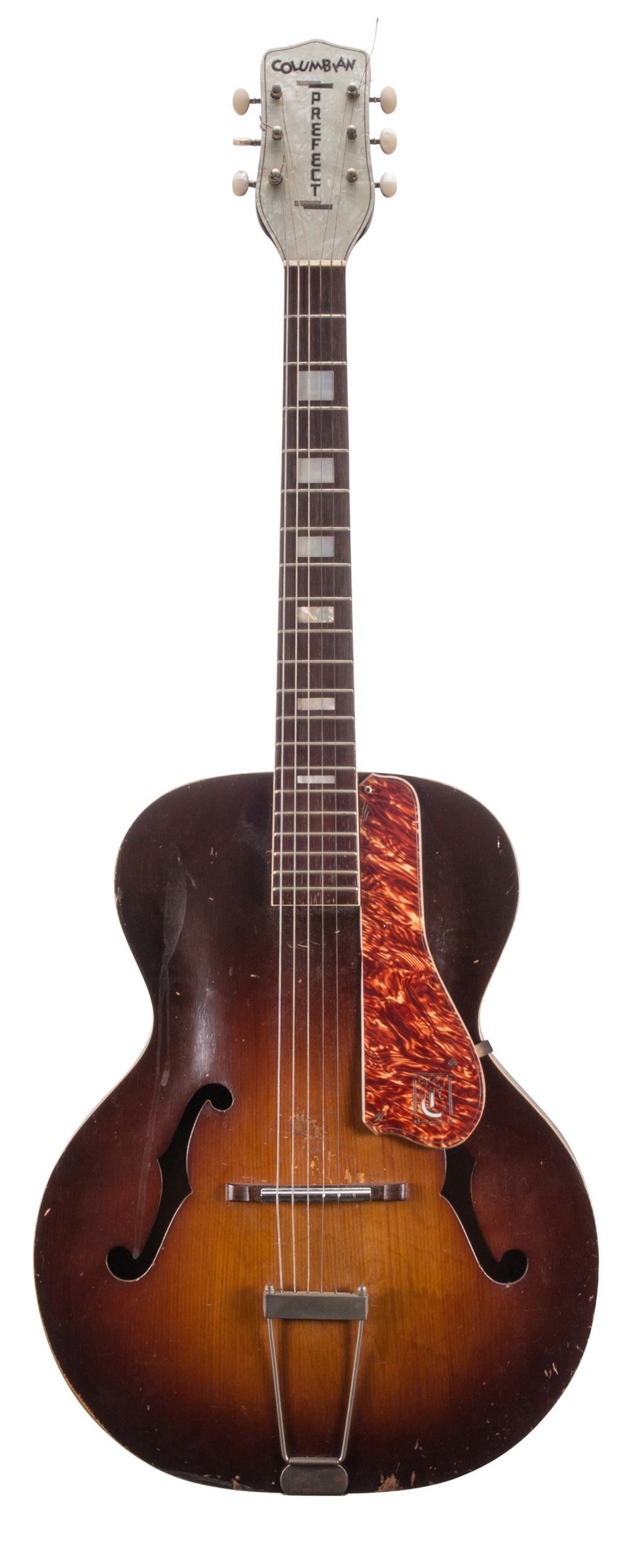 1930s Columbian Prefect archtop guitar, made in USA; Finish: sunburst, heavy wear including