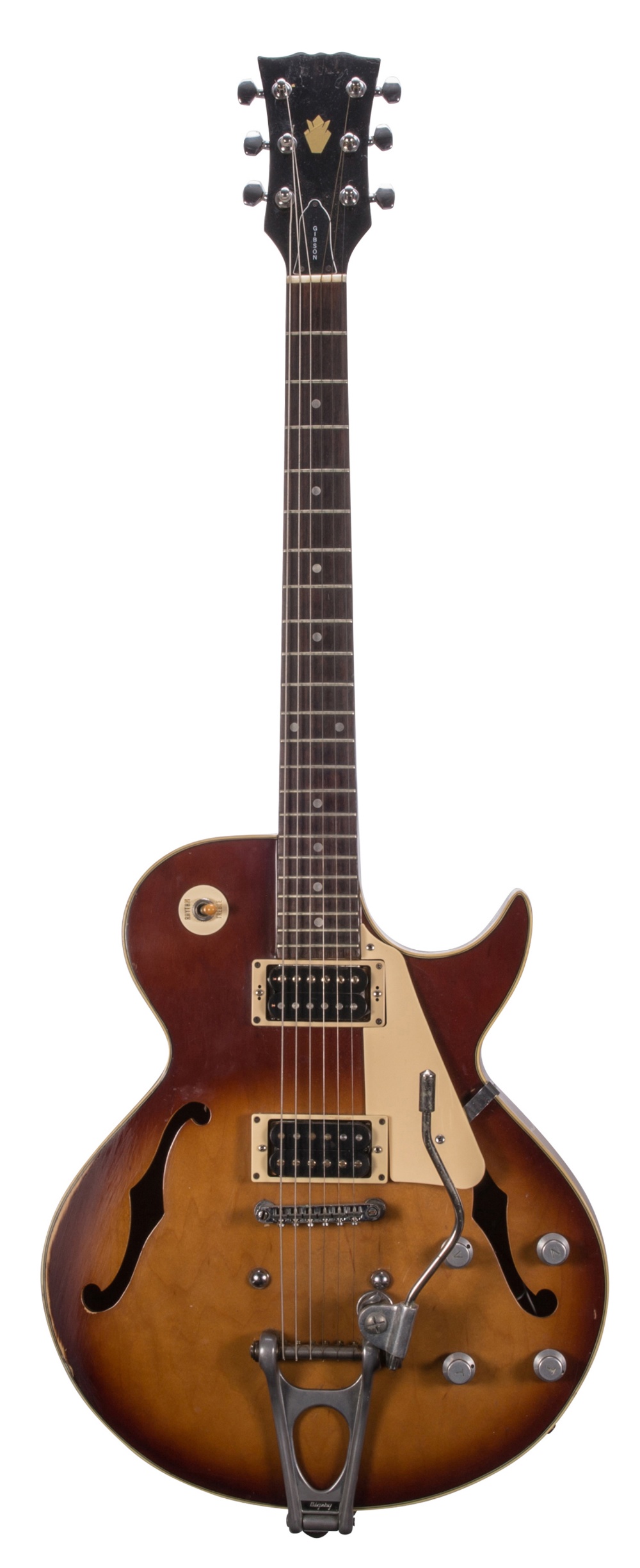1970s unbranded hollow body electric guitar; Finish: tobacco burst, rubbing to the edges and various