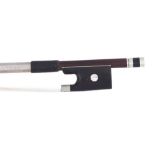 French nickel mounted violin bow, the stick round, the ebony frog inlaid with pearl eyes and the