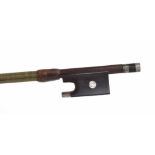 Silver mounted violin bow, unstamped, the stick round, the associated ebony frog inlaid with pearl