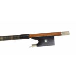 Interesting nickel mounted violin bow, unstamped, the stick round, the ebony frog inlaid with nickel