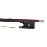 Silver mounted violin bow, unstamped, the stick octagonal, the ebony frog inlaid with pearl eyes and