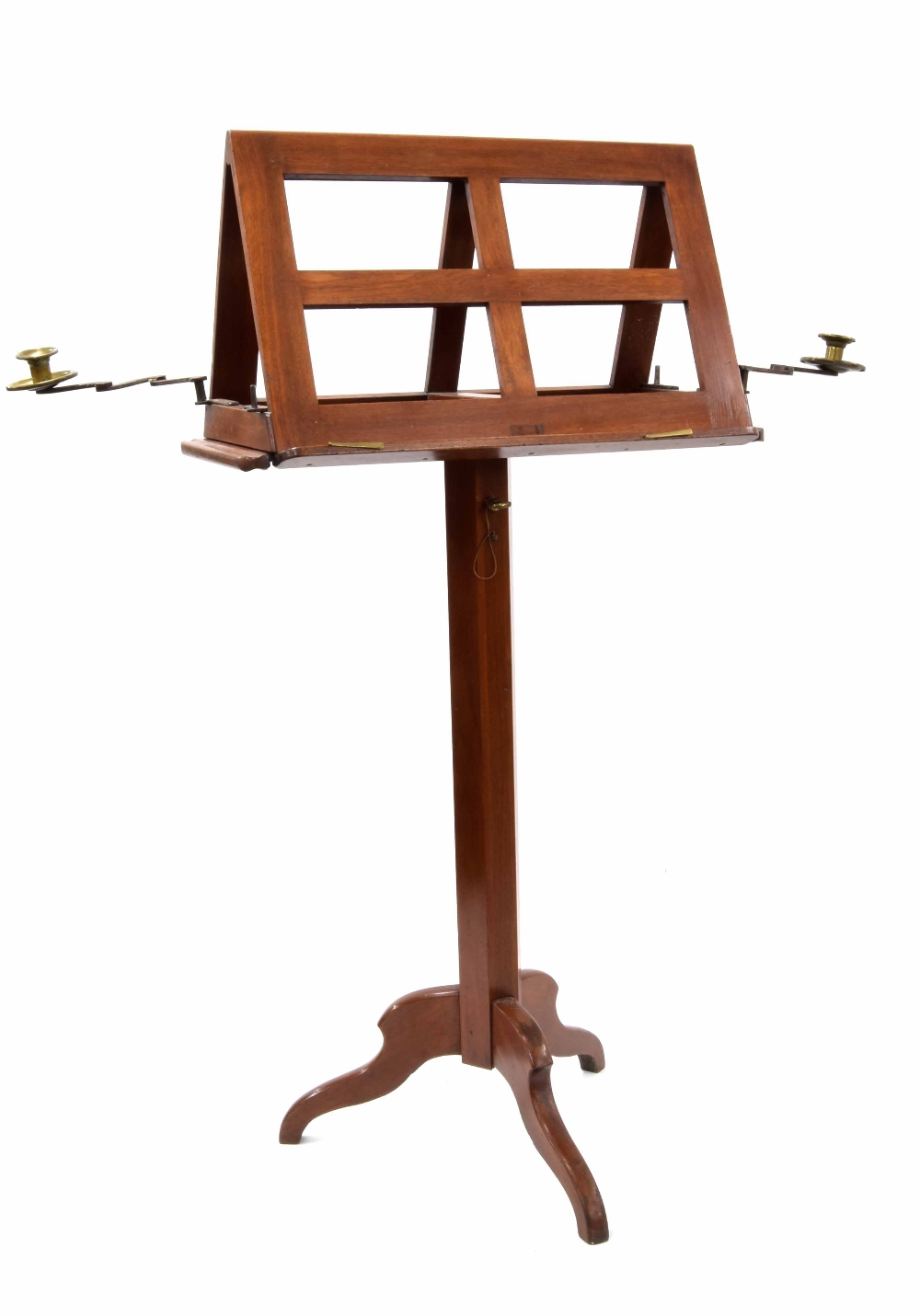 Arts & Crafts style mahogany duet adjustable music stand, fitted with two brass candle sconces on