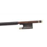 French silver mounted violin bow stamped Amati Mangenot, the ebony frog inlaid with pearl eyes