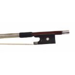 Silver mounted violin bow, unstamped, the stick round, the ebony frog inlaid with pearl eyes and