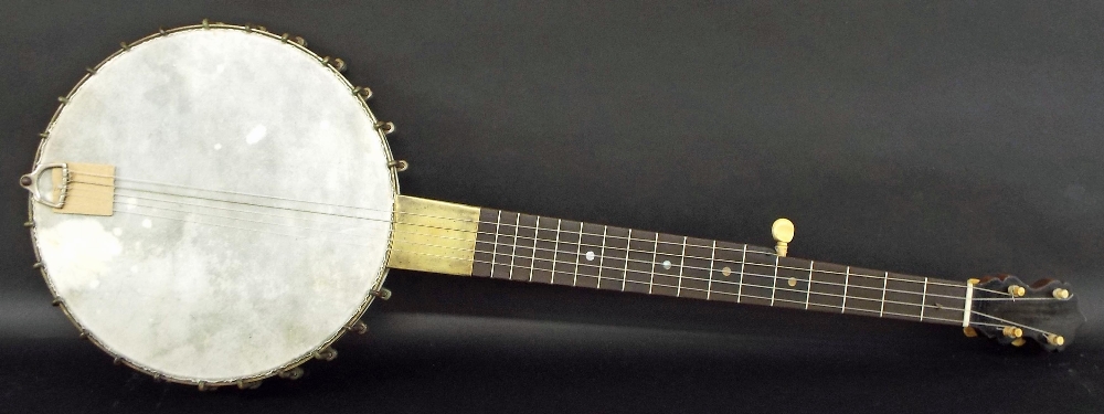 Five string open back banjo inscribed E.C. Dobson, Maker, New York, USA on a plaque to the dowel