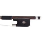 French silver mounted violoncello bow stamped G. Clasquin á Paris, the stick round, the ebony frog