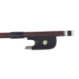 French silver mounted violoncello bow, unstamped, the stick round, the ebony frog inlaid with