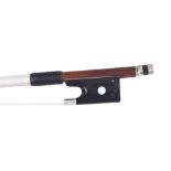 Silver mounted violin bow of the Peccatte School, unstamped, the stick round, the ebony frog