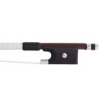 Silver mounted violoncello bow, unstamped, the stick round, the ebony frog inlaid with pearl eyes
