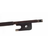 Silver mounted violoncello bow, unstamped, the stick octagonal, the ebony frog inlaid with pearl