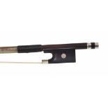 Silver mounted violin bow stamped A. Lamy á Paris, the stick round, the ebony frog inlaid with pearl