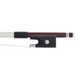 Silver mounted violin bow stamped Merciolle-Paris, the stick round, the ebony frog inlaid with pearl