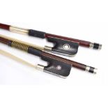 Nickel mounted double bass bow stamped H. Cirilo; also another nickel mounted double bass bow,